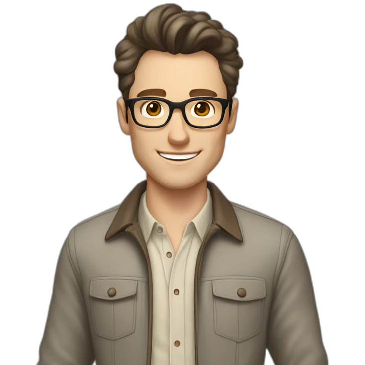 Joyful Pale skinned Fit Man With dark brown hair in gray jacket, beige office shirt, Brown pants and vintage glasses. His thrumbs up emoji