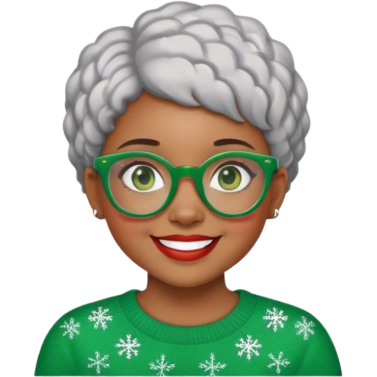 Light skinned Black girl with green glasses short natural gray haircut celebrating Christmas emoji