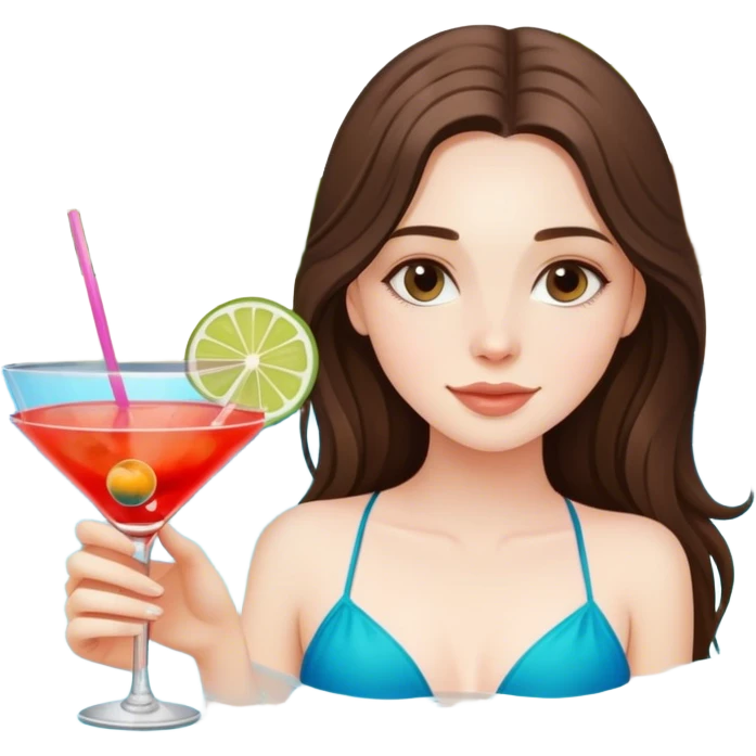  beautiful pale brunette girl with long hair relaxing in the pool with a cocktail  emoji