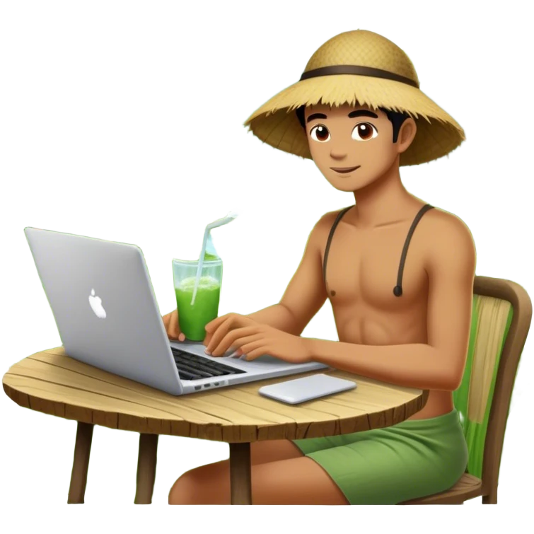 A digital nomad sits at a rustic open-air café in Bali, working on a sleek laptop while sipping coconut water, surrounded by lush green rice terraces and swaying palm trees emoji