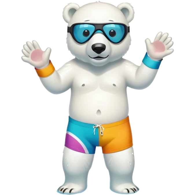 friendly anthropomorphised polar bear standing in a small puddle, wearing colorful board shorts, swimming armbands, scuba mask over eyes emoji