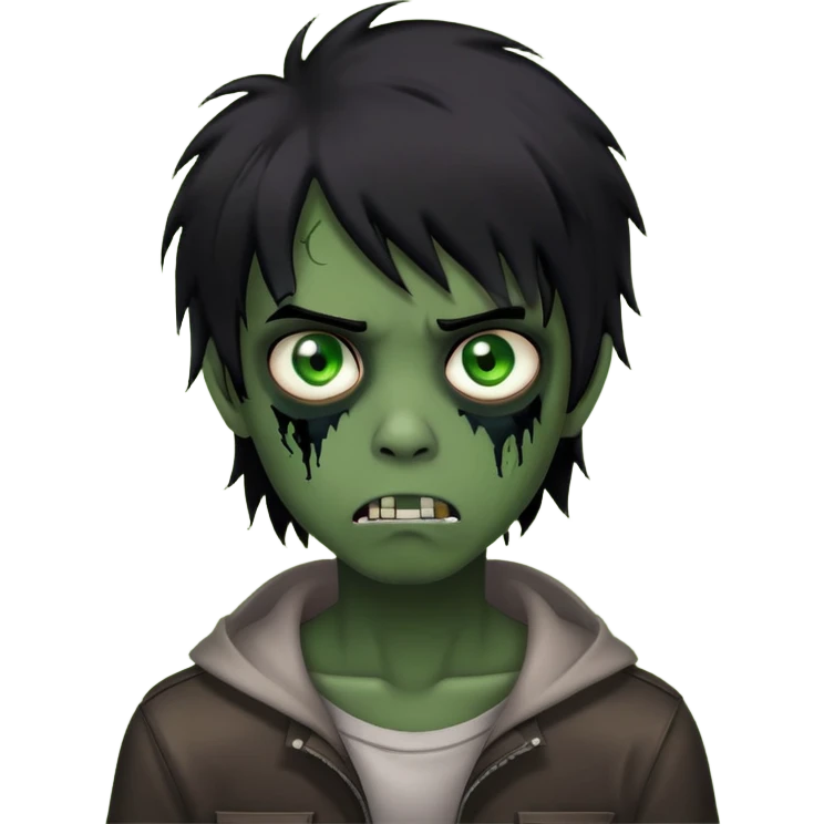 Boy, zombie, black hair, medium long, emo, shaggy, dark, spooky, creepy expression, green eyes emoji