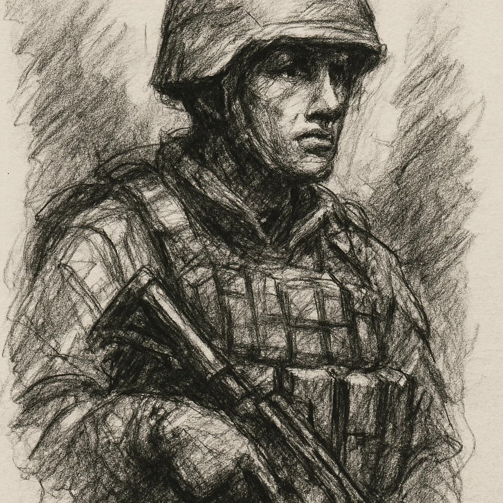 hand-drawn sketch style soldier with gun, chest rig, backpack, and helmet emoji