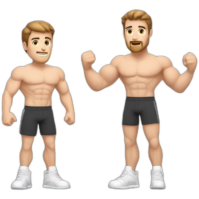 Full height Actively gesturing with hands Pale skinned Fit Man With the biceps and brown hair in dark gray Sleeveless Mike, black oversize sports shorts, watch and white Sneakers emoji