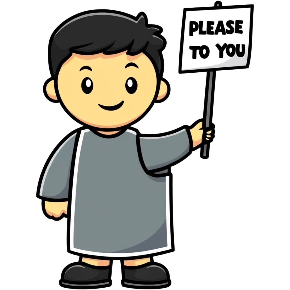 Character holding a sign that says please and thank you emoji
