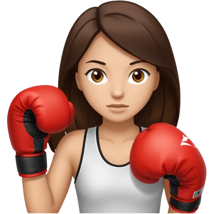 An woman with long dark brown hair in boxing gloves and light brown eyes emoji