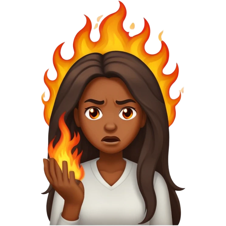 African American woman with long hair, frustrated face expression, with her hair on fire emoji