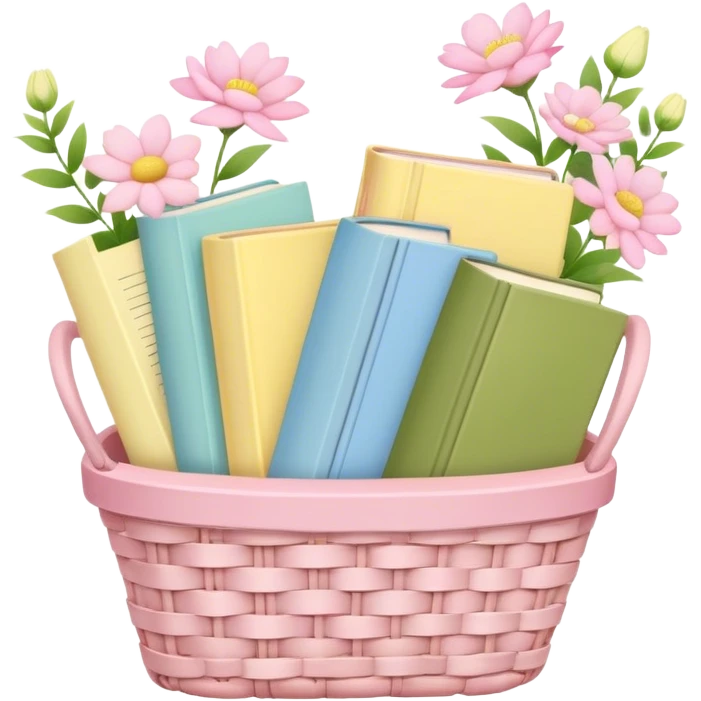 Pastel pink pastel yellow pastel blue and matcha colored books in a basket with flowers emoji