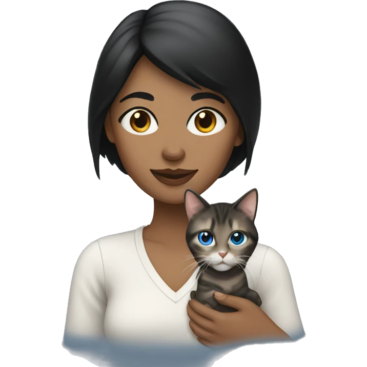 woman with black hair and blue eyes holding a tabby cat emoji
