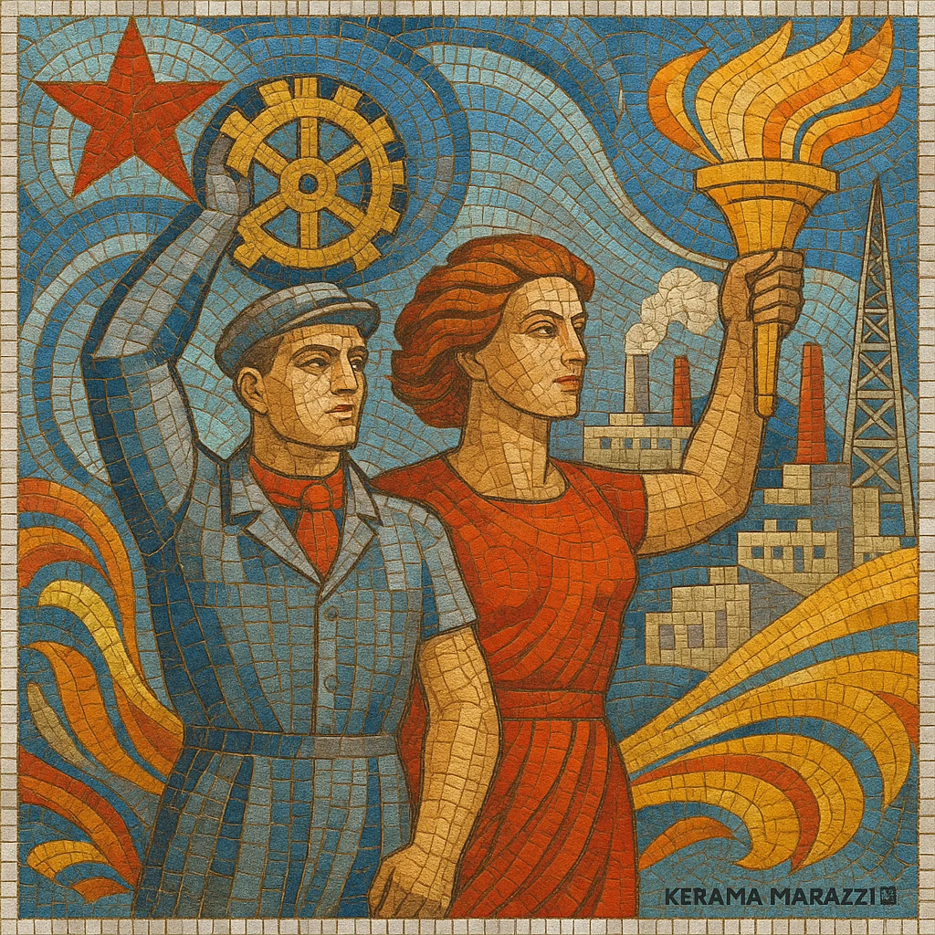 Soviet mosaic artwork reimagined as a modern Kerama Marazzi tile, detailed and colorful emoji