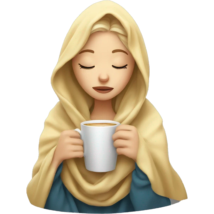 Blonde girl inside a blanket sipping coffee eyes closed emoji