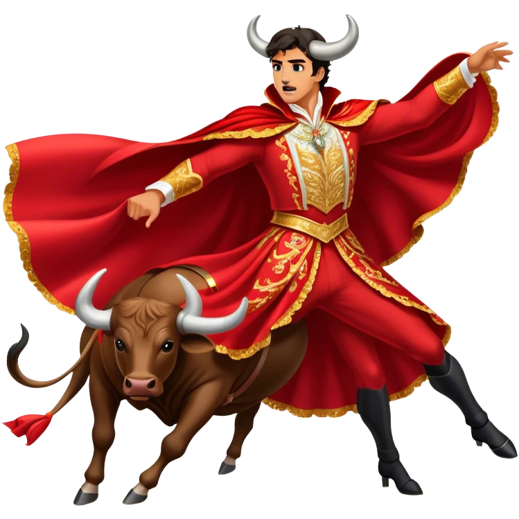 ​Cinematic Realistic Spanish Matador Holding a Red Cape, depicted in mid-action with a vibrant red cape flowing in the wind, dressed in an ornate traje de luces with shimmering details, confronting a charging bull in a dramatic arena, rendered with dynamic motion blur and vivid, high-contrast lighting, emoji
