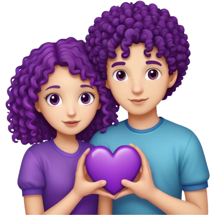 A curly haired girl and boy holding together a purple heart  emoji