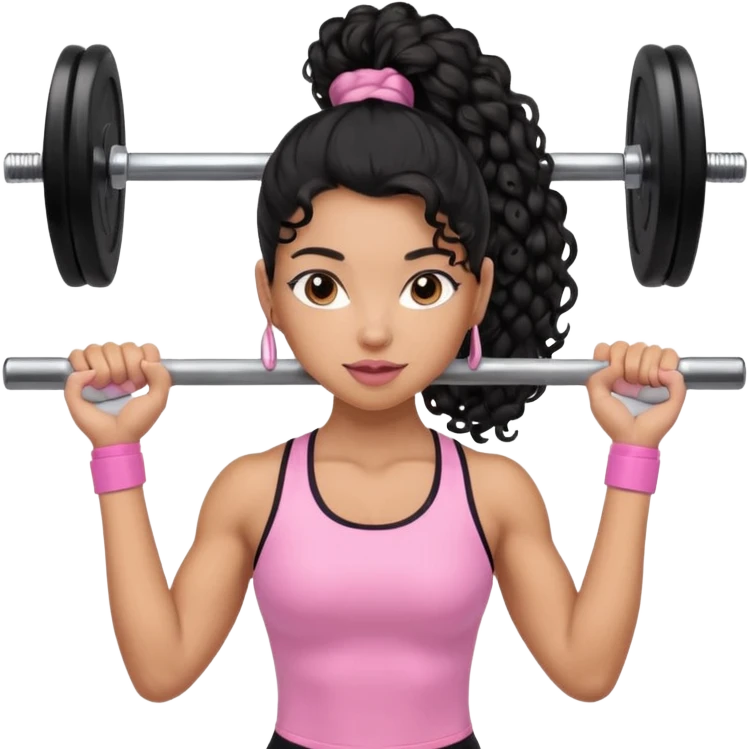 Mixed-race athletic woman with caramel skin, long black curly hair in a ponytail, lifting a pastel pink barbell emoji