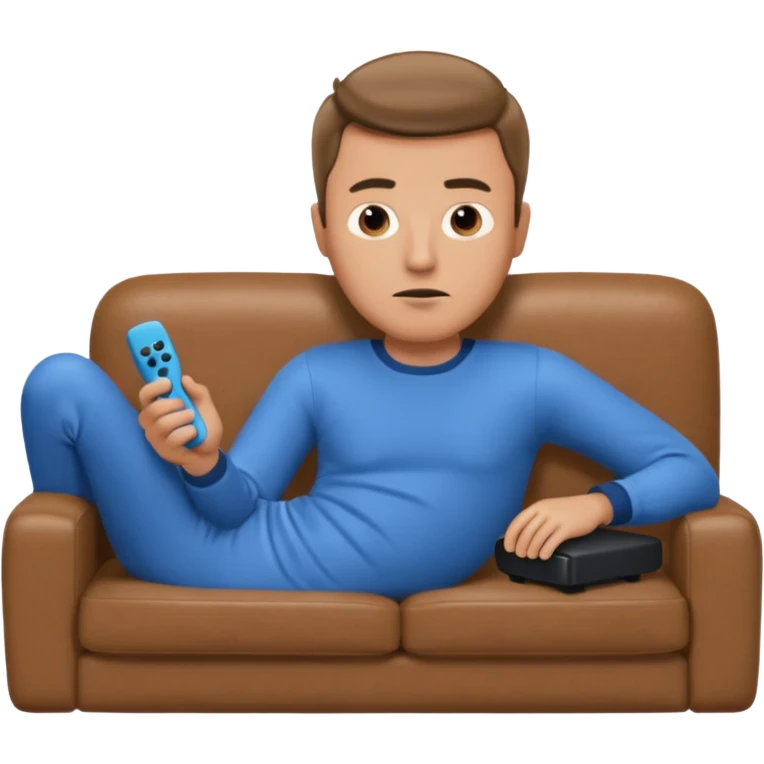 male memoji, lazy man in pajamas, lying on couch, holding TV remote, relaxed bored face, casual home vibe emoji