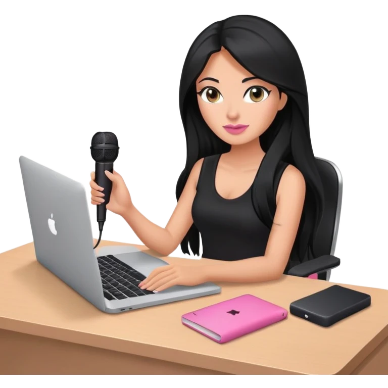 tanned long black hair woman, sat at desk with pink MacBook and  podcast microphone black top and pink, sexy emoji