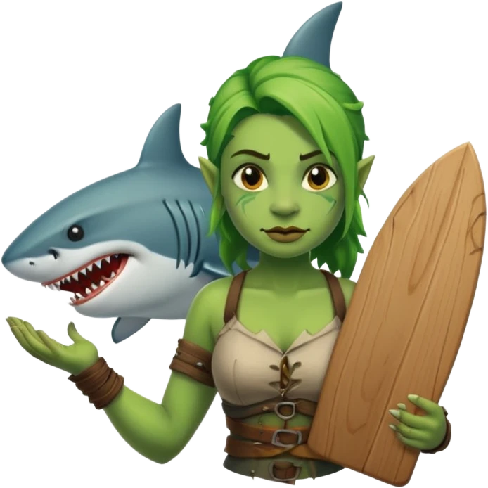 orc female holds a board with a shark painted vertically in his hands emoji