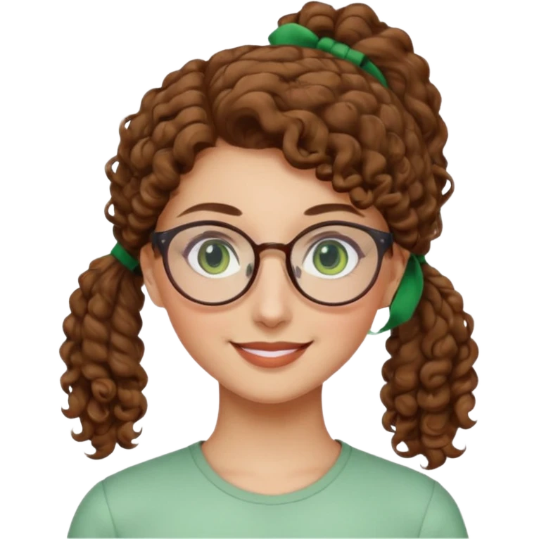 iranian woman, tight curly light brown hair in one high pony tail, glasses, green eyes, pretty, oval shape face, no hajib emoji