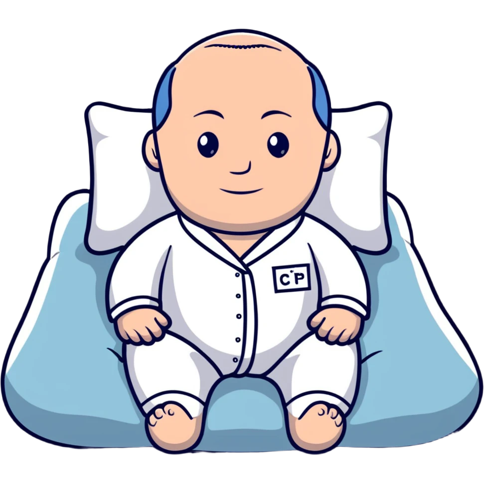 Vladimir Putin in pajamas lying on a memory foam pillow, testing it with a relaxed expression emoji