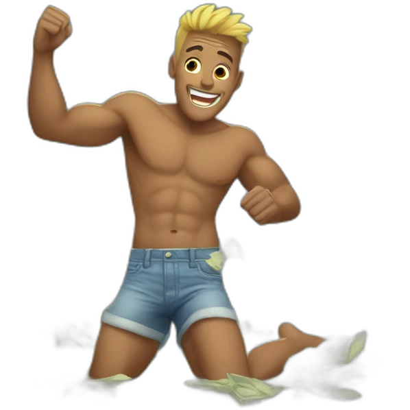 Shirtless guy dancing under raining money  emoji