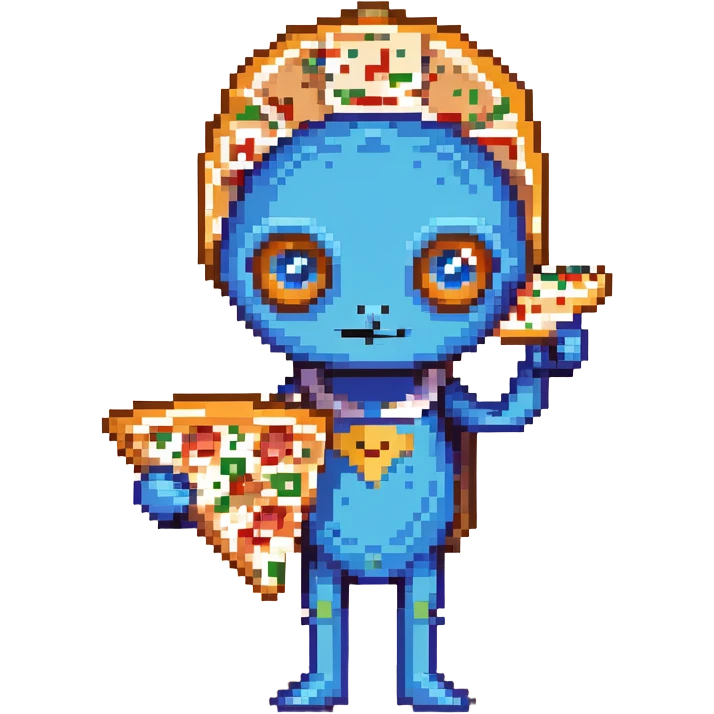 A blue alien with big eyes holding a pizza slice emoji