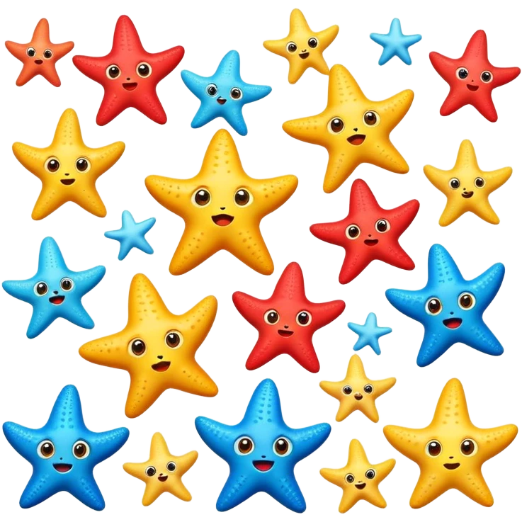 Cartoon-style starfish emoji set with big expressive eyes, showing emotions: happy, sad, angry, surprised, scared, in love, confused, excited, bored, embarrassed. Vibrant colors, soft texture, clean background. emoji