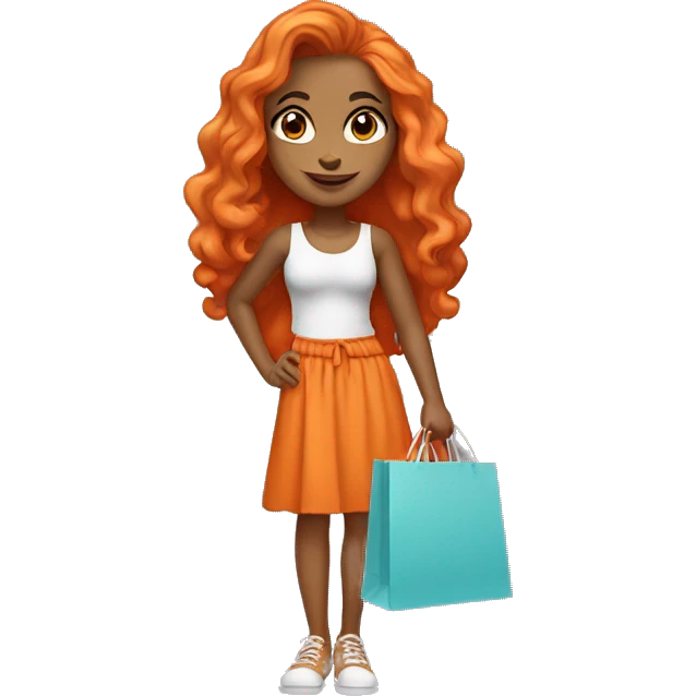 Tan girl with long orange hair wearing cute outfit holding shopping bags emoji