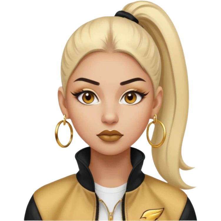 “Emoji girl, fierce confident expression, sharp winged eyeliner, bold brows, matte nude lips, long lashes, sleek high ponytail, wearing gold hoop earrings and sporty streetwear jacket.” emoji