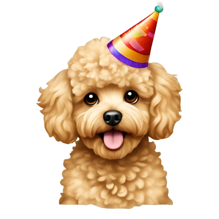 Blonde toypoodle maltipoo with birthdayhat emoji