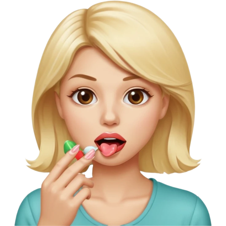 Elle fais une peu petasse, elle se mord le coin de la lèvres. Elle est blonde. Ongles vernis marrons. Elle mâche un chewing-gum  emoji