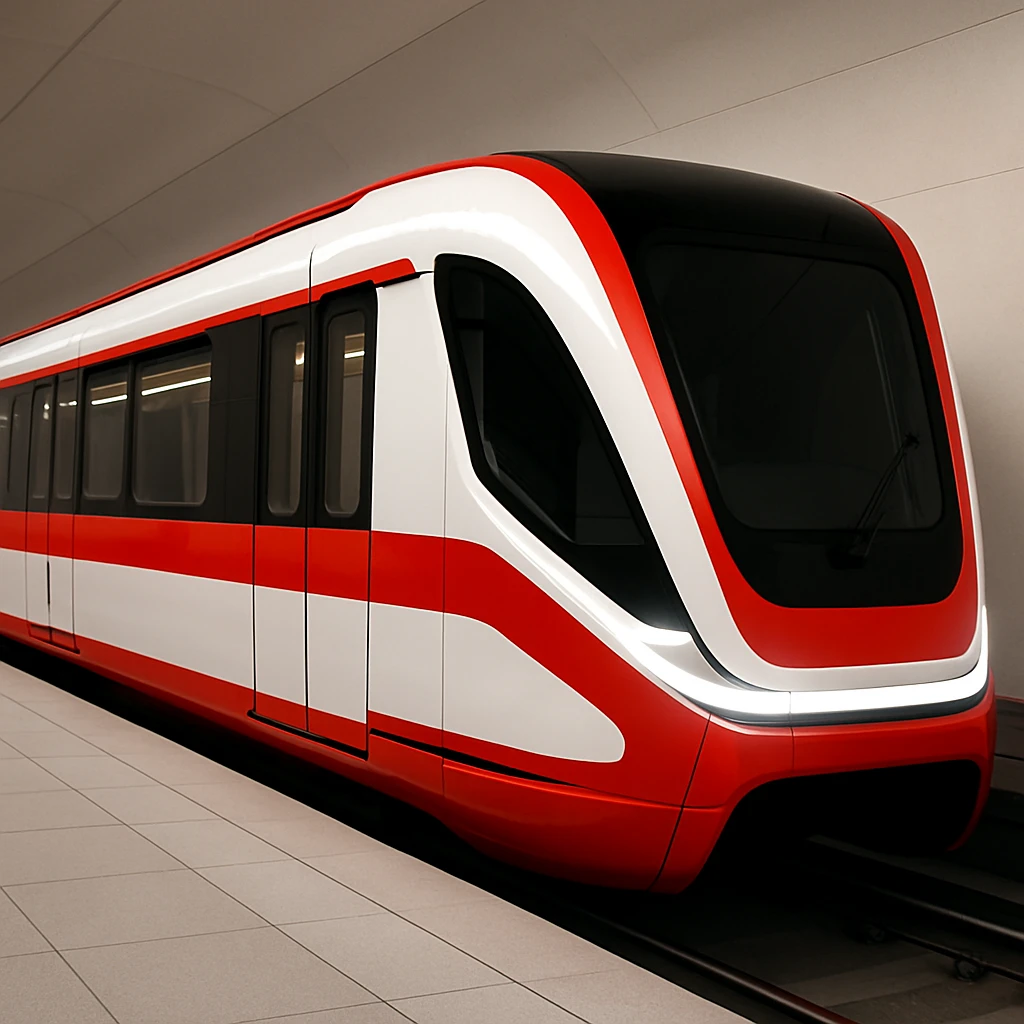 modern subway train in red and white, sleek and abstract emoji