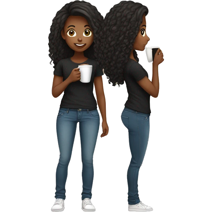 African American female with long hair talking on cellphone and holding a coffee wearing black shirt and jeans full length chibi emoji