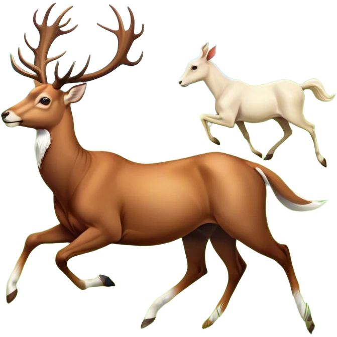 Icon for Hoofed Animals: A vibrant collage featuring a graceful deer with elegant antlers, a strong horse galloping in the wild, and a gentle goat nibbling grass. The background includes soft green meadows and rolling hills. Transparent background. emoji