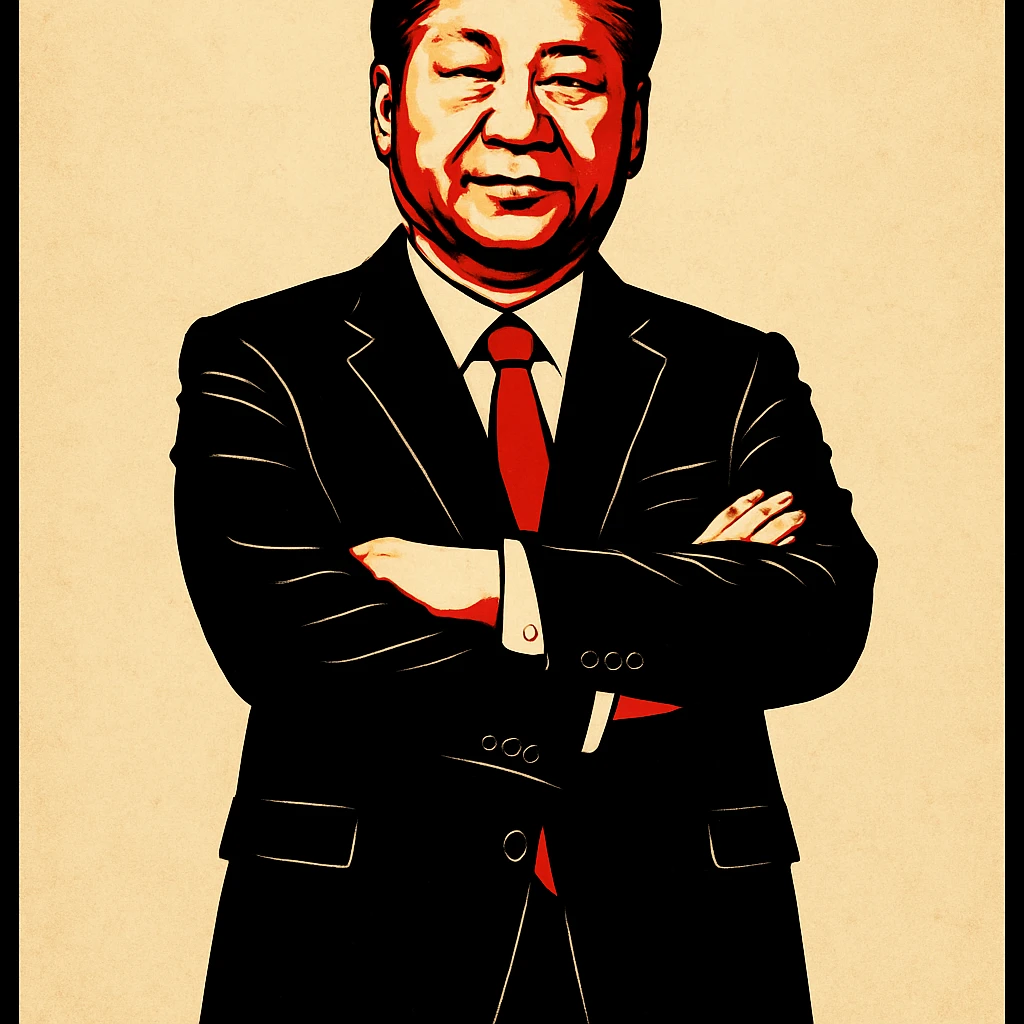 bold poster-style illustration, man resembling Xi Jinping, full body, arms crossed, black suit, red tie, centered, neutral background emoji