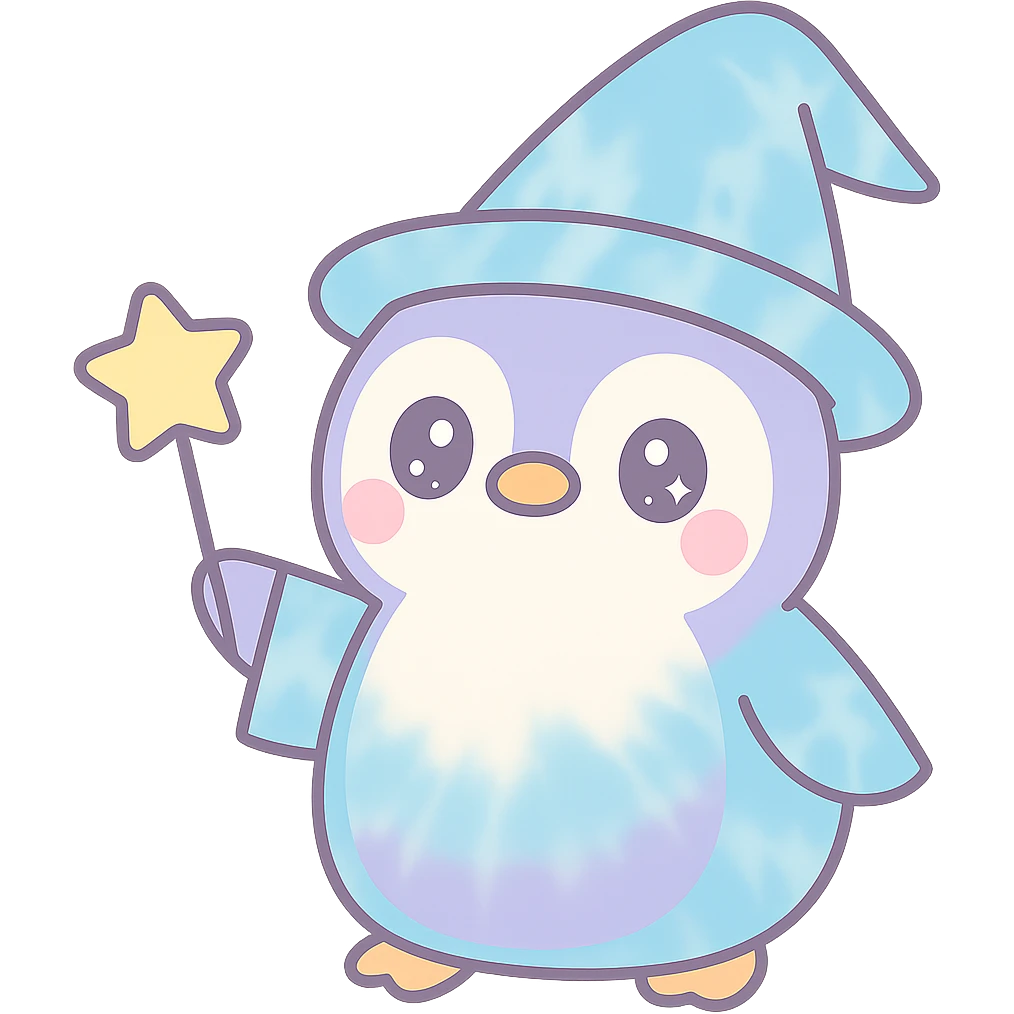 Change the penguin wizard's hat and robe to a tie-dye pattern in light blue and light violet. Make the end of the wand a star. Keep the style cute and magical, with no background. emoji