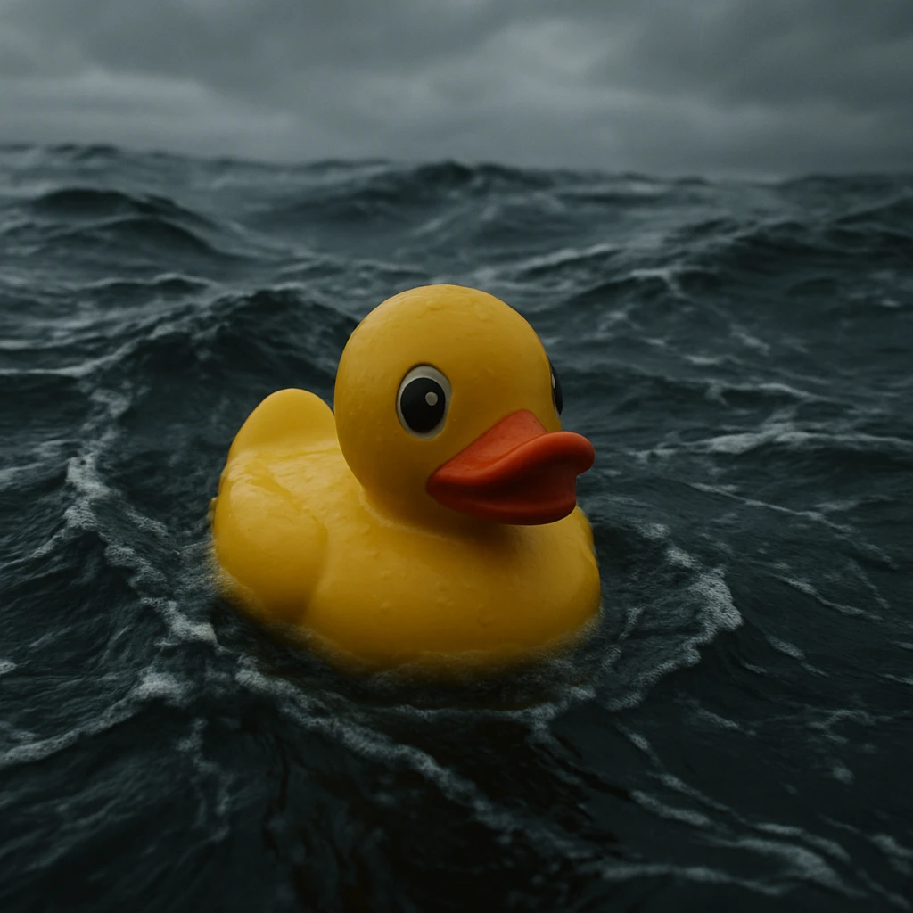 Extreme Closeup shot of Yellow duck toy on ocean during cloudy day, stormy sea, Camera from top, inspired by interstellar, shot by camera alexa 65, 35mm lens emoji