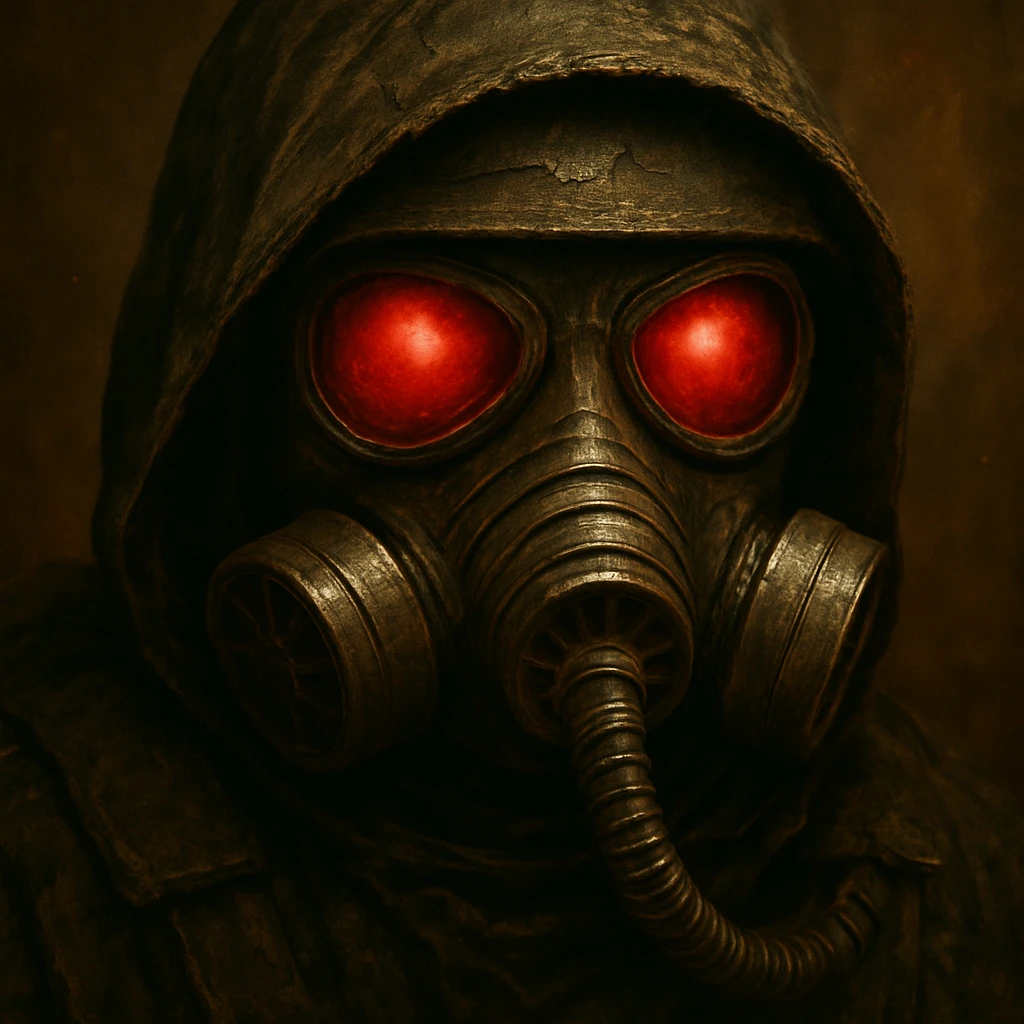 Add a helmet and zoom in on the face of the post apocalyptic soldier wearing a gas mask with red eyes, keep the gritty style, detailed and intense atmosphere. emoji
