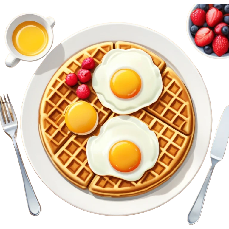 Brunch spread with waffles, eggs, and fruit on a table emoji