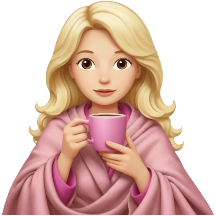 Blonde long wavy hair lady inside a beige blanket sipping coffee in pink cup emoji