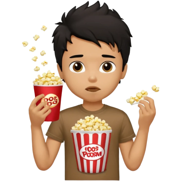 generate a pretty tan bratz boy with a brown tshirt on. eating a popcorn. messy black hair emoji