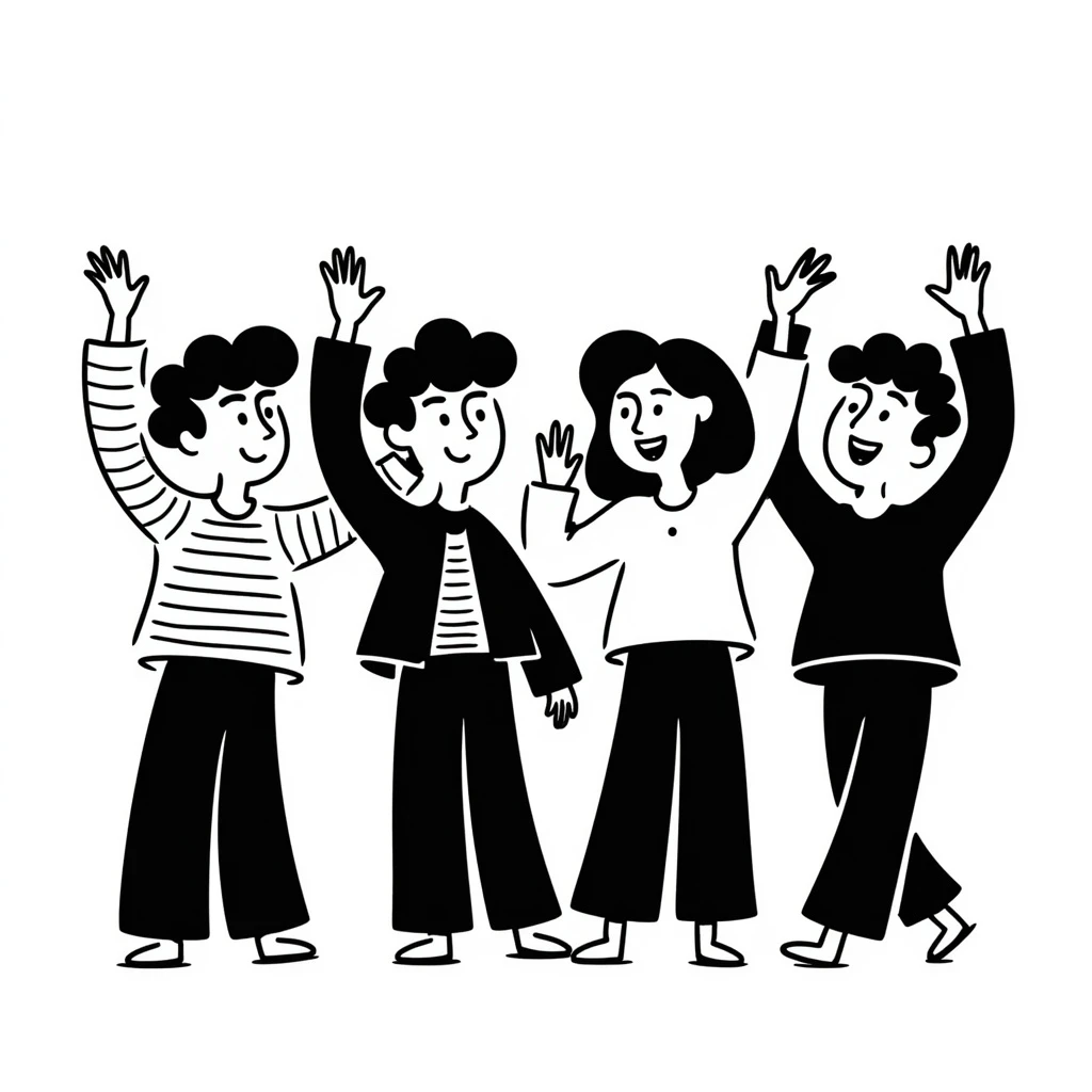 a group of friends, hand drawn doodle style, playful, waving emoji