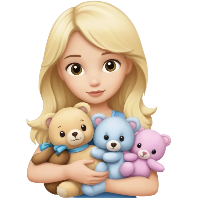 bashful blonde model holding a pile of cute stuffed animals emoji
