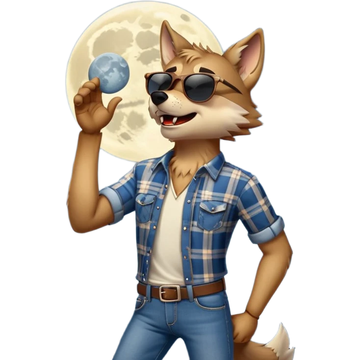 friendly anthropomorphised wolf in jeans and plaid shirt, wearing dark sunglasses, howling with the moon in the background, dynamic pose emoji