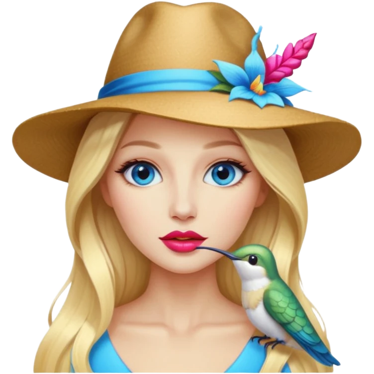 bust woman long blonde hair blue eyes white skin with hummingbird hat and nectar glow lips emoji