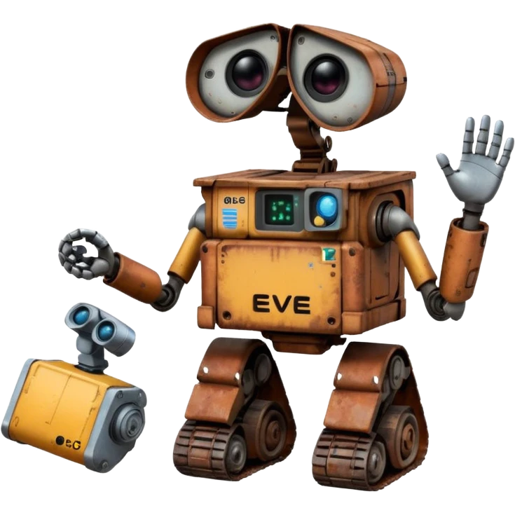 WALL E holding EVE a hand emoji