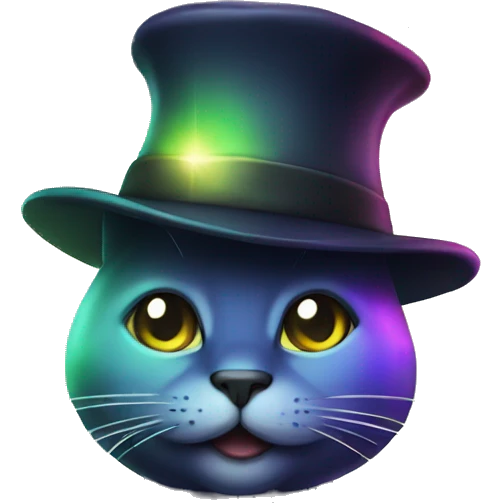 Dark iridescent cat glowing wearing a hat emoji