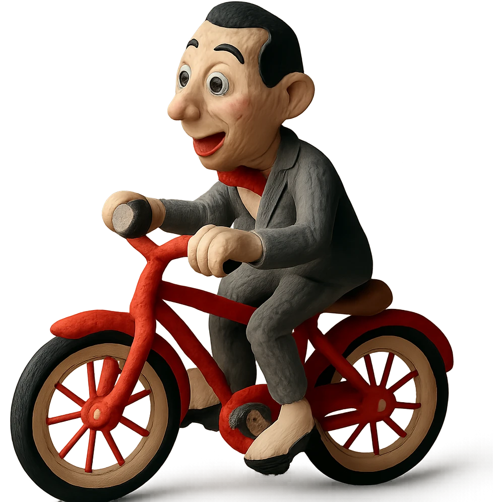 claymation style Pee-wee Herman on a red bicycle emoji