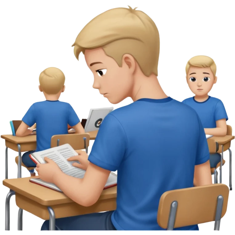 Boy sitting at school reading with his back to the camera
 emoji