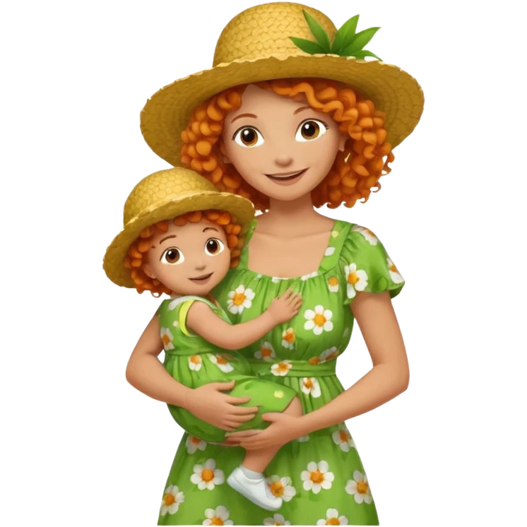 A cheerful orange curly hair mom in a straw hat carrying her child, wearing a green flowery dress emoji