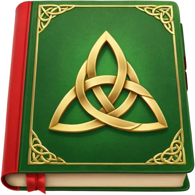 a green closed book with a golden triquetra on it with a red ribbon between the paged emoji